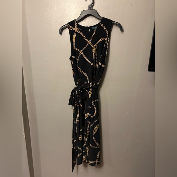 Lauren Ralph Lauren dress - black/gold chain print sleeveless w/belt - Picture 2 of 13